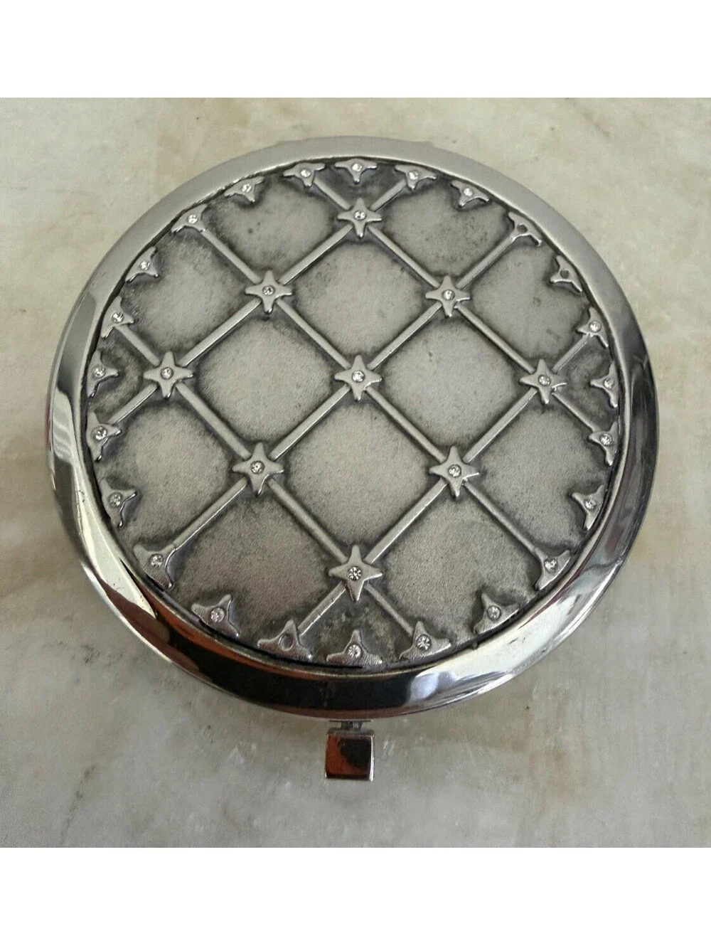 Vintage Style Silver Tone Lattice Compact Mirror with Rhinestone Accents